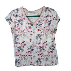 Garnet Hill Asian Wrap Organic Cotton Short Sleeve Pajama Top Pink Whte Floral S